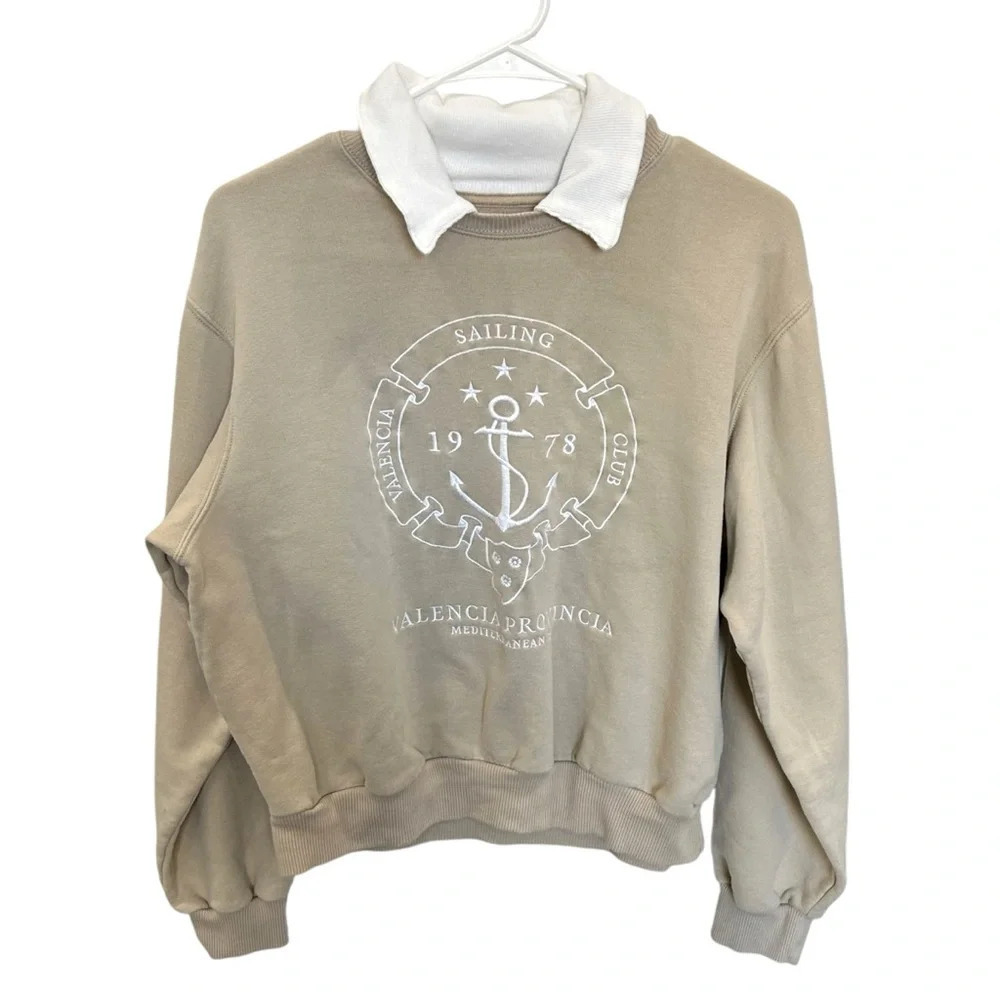 Hollister Valencia Sailing Club Collared Sweatshirt Tan Preppy Oversized Size S